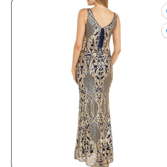 R&M Richards Womens Sequined Evening Navy Gold Maxi Gown Dress Size 6 - Picture 2 of 15